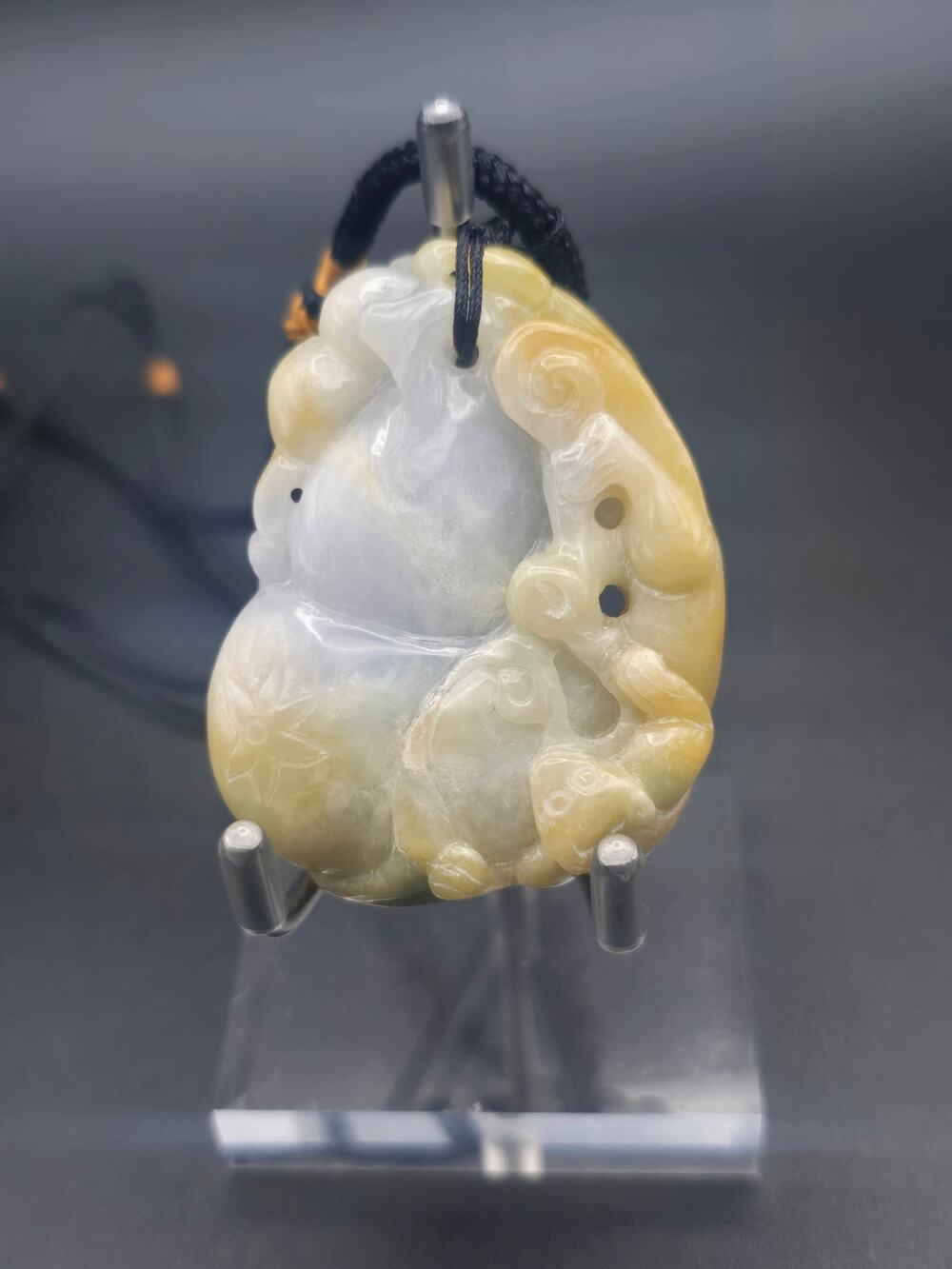 Natural Type A Jadeite Carved Monkey on Gourd Pendant Necklace, Icy Butterscotch